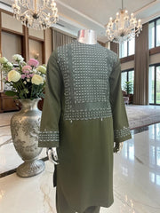 Kids Traditional Afghan Clothing – Olive Green Parahan Tunban for Boys Design #23