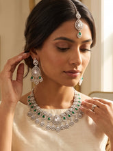 Luxury Silver Tone Emerald Green Crystal Bridal Jewelry Set | Statement Necklace, Earrings & Maang Tikka | Wedding Jewelry with Black Gift Box 6030