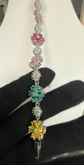 Multicolor Crystal Flower Bracelet – Silver-Tone Floral Statement Bracelet for Women 7129