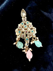 Traditional Indian Afghan 4-Piece Bridal Jewelry Set – Gold Tone Choker Necklace, Earrings, Maang Tikka & Headpiece with Pastel Pink & Mint Stones | Ethnic Wedding Jewelry 020