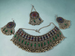 Traditional Afghan Jewelry Set for Women – 4-Piece Vintage Boho Necklace, Earrings & Maang Tikka | Tribal Kuchi Style Statement Jewelry 011 small defect