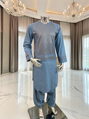 Small Men’s Steel Blue Embroidered Parahan Tunban 3-Piece Set with Matching Shawl 7228