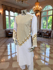 Men’s White Kameez with Gold and Navy Blue Machine Embroidery – Small Tall Size | Afghan Traditional Wear | Luqmaan Boutique