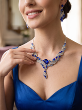 Royal Sapphire Blue Crystal Jewelry Set – Silver-Tone Necklace & Drop Earrings | Afghan, Pakistani, Indian & Middle Eastern Bridal Jewelry. 070