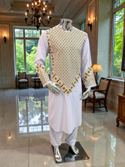 Men’s White Kameez with Gold and Navy Blue Machine Embroidery – Small Tall Size | Afghan Traditional Wear | Luqmaan Boutique