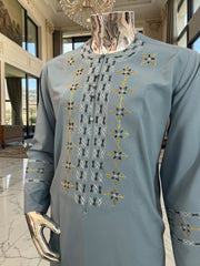 Small Grayish Blue Afghan Men’s Parahan Tunban Set – Premium Embroidered Traditional Outfit with chadder/patto