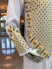 Men’s White Kameez with Gold and Navy Blue Machine Embroidery – Small Tall Size | Afghan Traditional Wear | Luqmaan Boutique