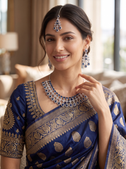 Silver-Tone AD Bridal Necklace Set with Earrings & Maang Tikka – 8 Colors
