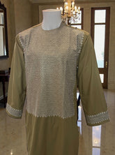 Medium Khaki Green Afghan Parahan Tunban for Men with Machine Embroidery