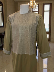 Medium Khaki Green Afghan Parahan Tunban for Men with Machine Embroidery