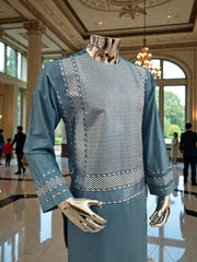 Medium Turquoise Blue Afghan Kameez with White Khamakdozi Embroidery