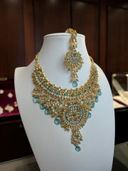 Aqua Blue Indian Pakistani Afghan Bridal Jewelry Set with Earrings & Maang Tikka | Gold Tone Crystal Rhinestone Necklace Set | Gift Box Included 7011