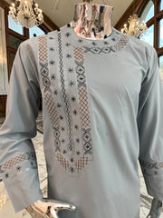 Small Men’s Hand Embroidered Afghan Parahan Tunban Set with Matching Shawl – Soft Silver green Traditional Outfit