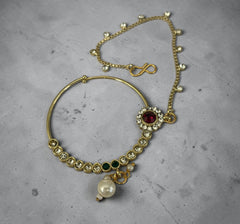6-Piece Gold-Tone Kundan Full Bridal Jewelry Set with Necklace, Earrings, Nose Ring, Sheeshphool & Ring Bracelets 029