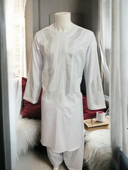 Afghan Parahan Tunban for Men White Silver Shesha Mirror Work Machine Embroidered X-Large (Minor Stain)