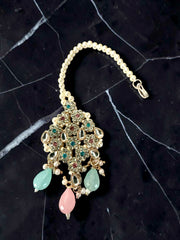Traditional Indian Afghan 4-Piece Bridal Jewelry Set – Gold Tone Choker Necklace, Earrings, Maang Tikka & Headpiece with Pastel Pink & Mint Stones | Ethnic Wedding Jewelry 020
