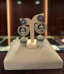 Crystal Jhumka Statement Earrings with Circular Drop | Silver Tone Bridal Dangle Earrings – 3 Colors