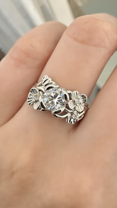 Round Cut Moissanite Floral Ring Silver Tone Nature-Inspired Statement Ring Size 9. 6019