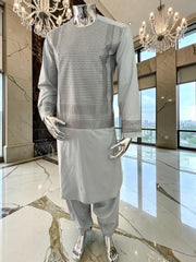 Small Premium Ice Grey Machine Embroidered Parahan Tunban Set with Matching Chadder