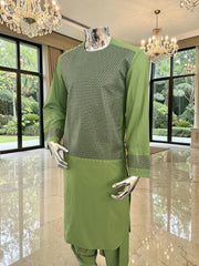 Medium Afghan Parahan Tunban Kameese Shalwar Green Machine Embroidery