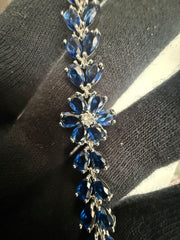 Sapphire Blue Crystal Floral Tennis Bracelet – Silver-Tone Pear Cut Flower Bracelet for Women 7131
