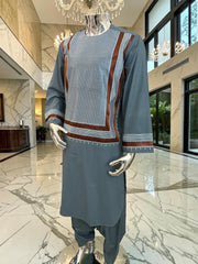 Medium Steel Blue Parahan Tunban with White & Brown Embroidery | Premium Afghan Traditional Wear