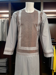 Men’s Silver Kameez with Brown Machine Embroidery – XXL | Luqmaan Boutique