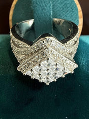 S925 Sterling Silver Princess Cut Cluster Statement Ring – Crisscross Halo Cocktail Ring – Size 10 044