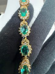 Emerald Green Oval Crystal Halo Link Bracelet – Gold Tone Statement Jewelry 7132