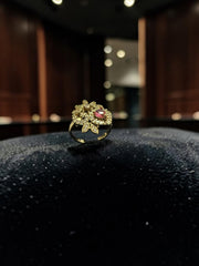Floral Teardrop Statement Ring – Adjustable Gold-Tone Ring in Pink, Clear & Purple
