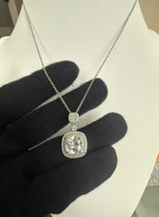 Cushion Cut Double Halo Pendant Necklace – Silver Tone Sparkling Statement Jewelry 7153