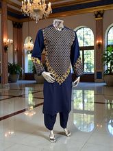 Men’s Navy Blue Kameez – Navy with Gold Machine Embroidery | XL Size Afghan Traditional Wear