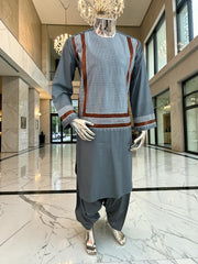 Medium Steel Blue Parahan Tunban with White & Brown Embroidery | Premium Afghan Traditional Wear