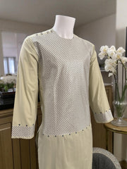Men’s Pistachio Kameez with Black & Matching Color Machine Embroidery – Small Size | Luqmaan Boutique
