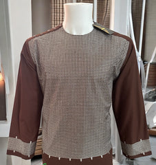 Men’s Brown Parahan Tumban with White Embroidery – Afghan Traditional Outfit (Small)