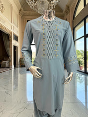 Men’s Gray Blue Embroidered Afghan Parahan Tunban with Shawl Small and Large Available