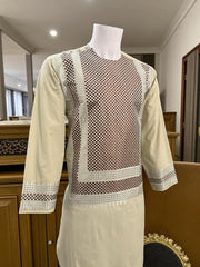 Men’s Light Beige Kameez with Brown and Matching Machine Embroidery – Traditional Afghan Wear | Luqmaan Boutique (Small)
