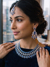 Luxury Sapphire Blue American Diamond Bridal Jewelry Set with Maang Tikka | Premium Brass Statement Collar Necklace, Earrings & Gift Box Included 6036