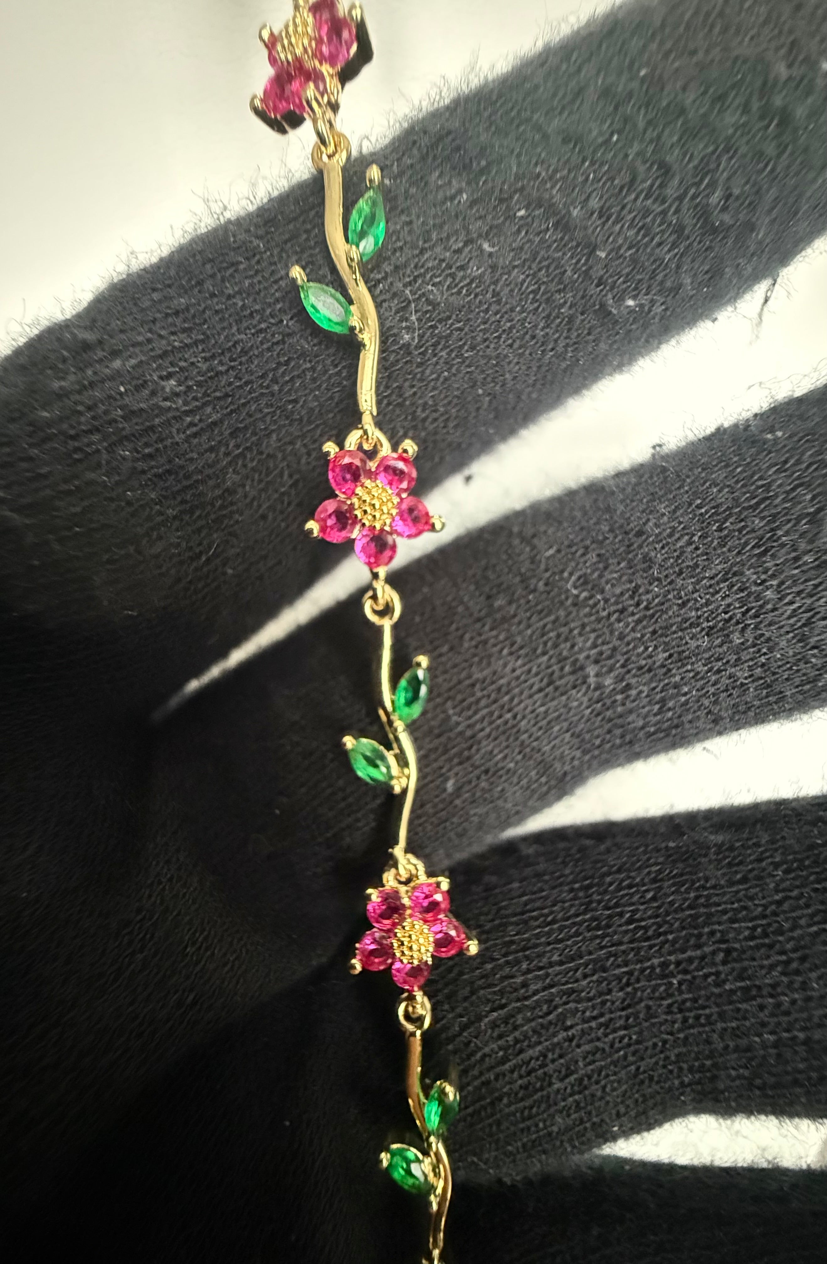Pink & Green Floral Crystal Bracelet – Gold-Tone Vine & Flower Bracelet for Women 7121