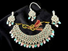 Traditional Indian Afghan 4-Piece Bridal Jewelry Set – Gold Tone Choker Necklace, Earrings, Maang Tikka & Headpiece with Pastel Pink & Mint Stones | Ethnic Wedding Jewelry 020