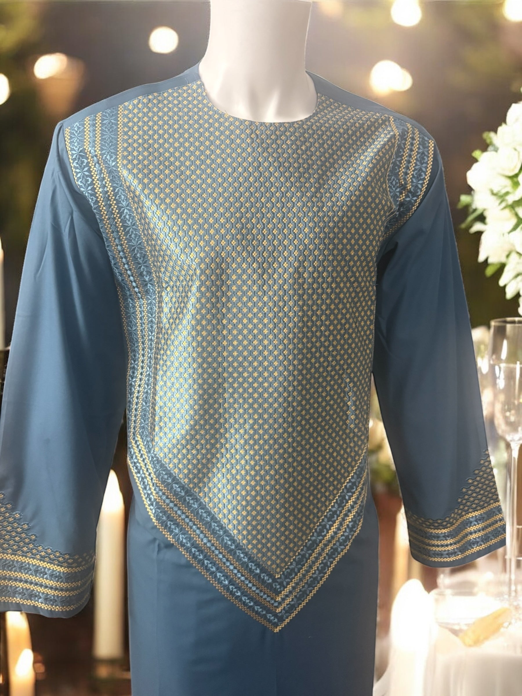 Men’s Blue Parahan Tumban with Gold Embroidery Large