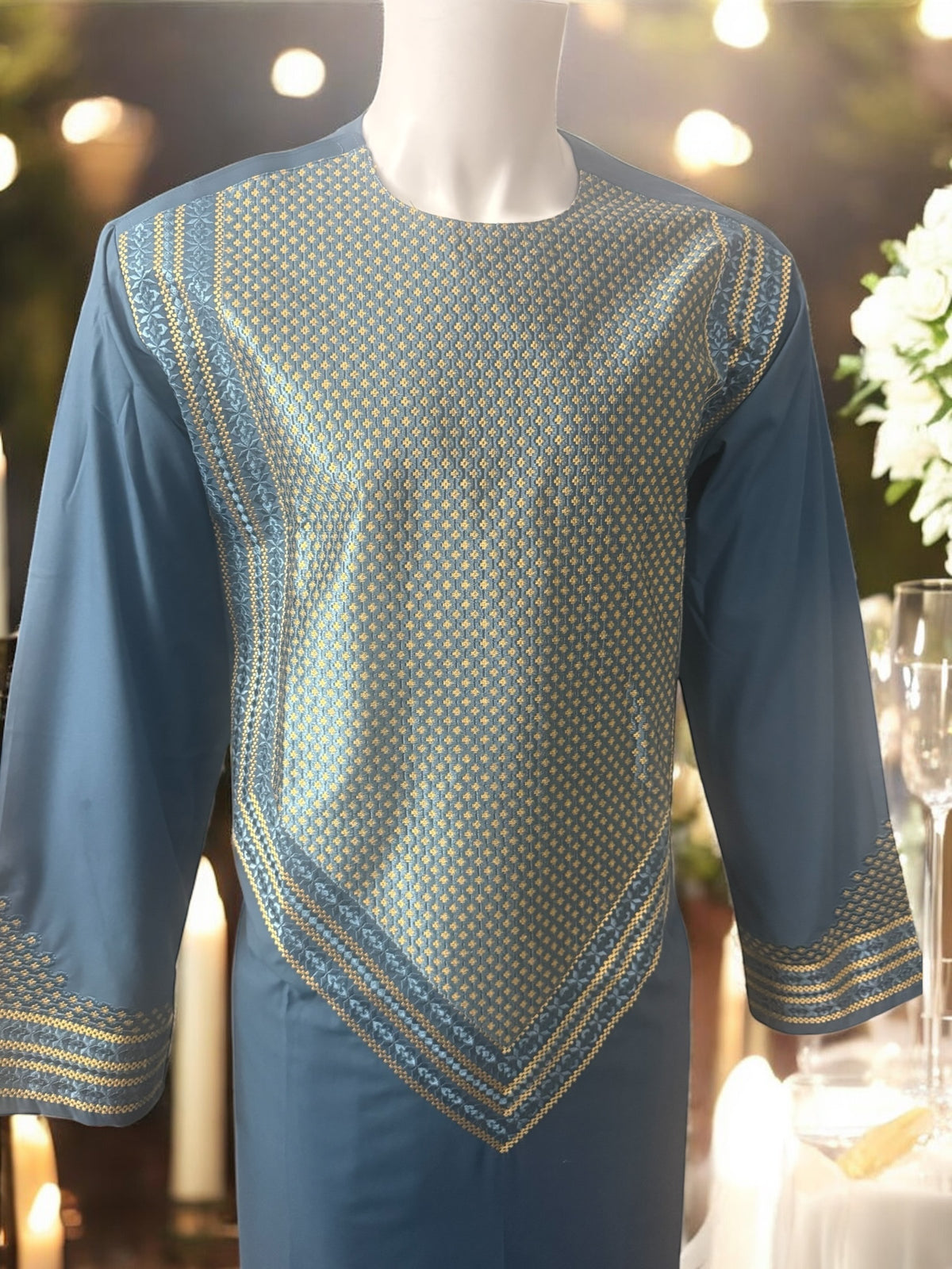 Men’s Blue Parahan Tumban with Gold Embroidery Large
