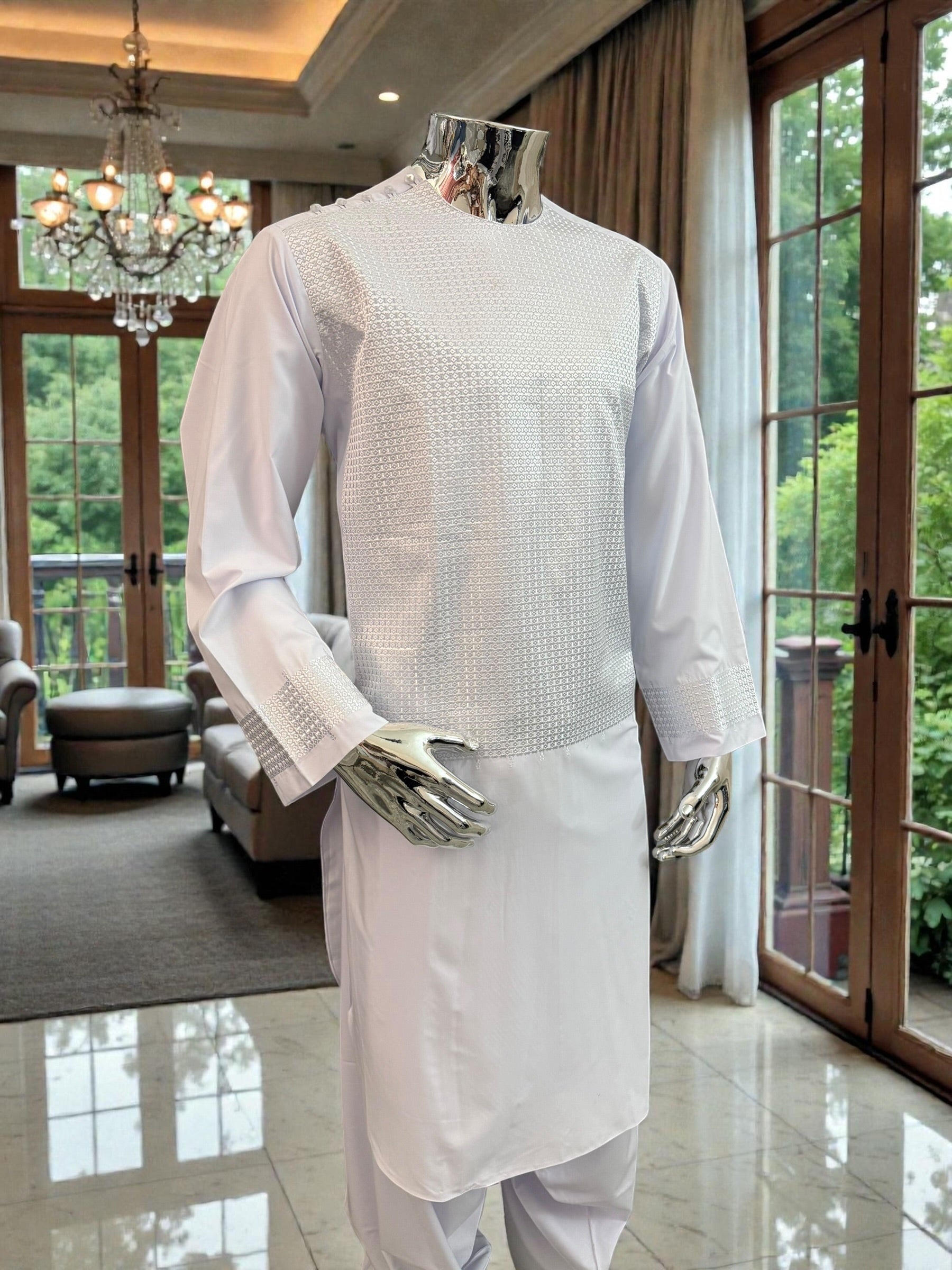 Medium White Afghan Parahan Tumban – Premium Cotton-Blend Embroidered Outfit