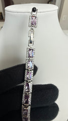 Lavender Emerald-Cut Crystal Halo Bracelet – Silver Tone Statement Jewelry 7089