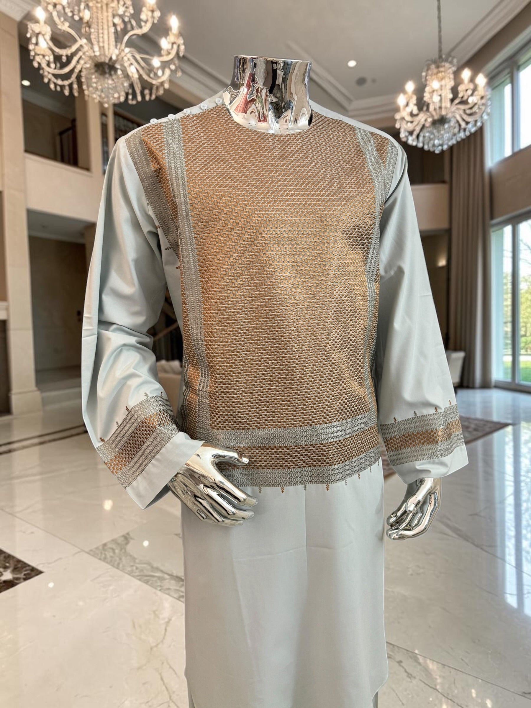 X-Large Blue-Gray Afghan Shalwar Kameez with Bronze Embroidery Yakhandozi | Luxury Men’s Traditional Wear