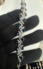 Royal Blue Crystal Geometric Chevron Bracelet – Silver Tone Statement Jewelry 7100