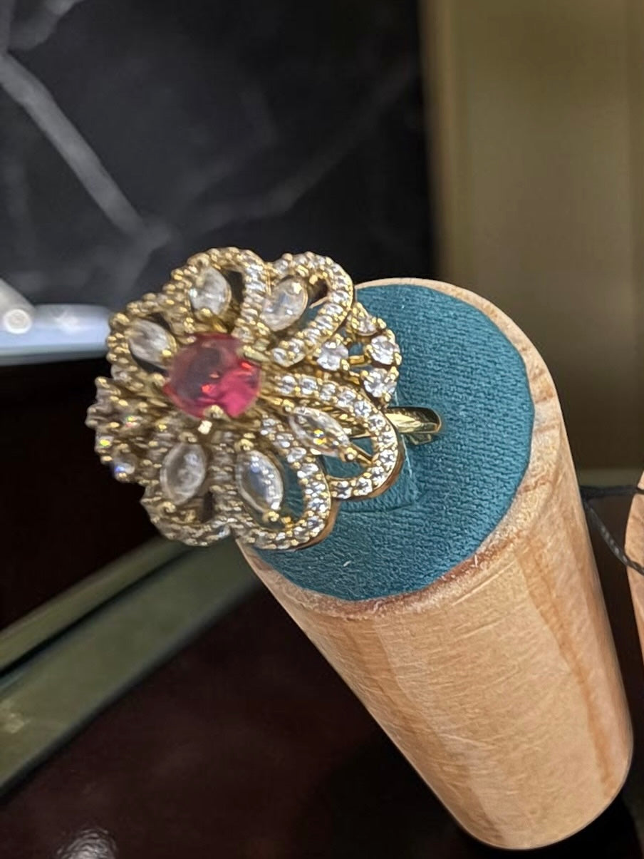 Adjustable American Diamond Floral Statement Ring | Gold-Tone Brass | 6 Color Options | Gift Box Included | Indian Pakistani Afghan Jewelry