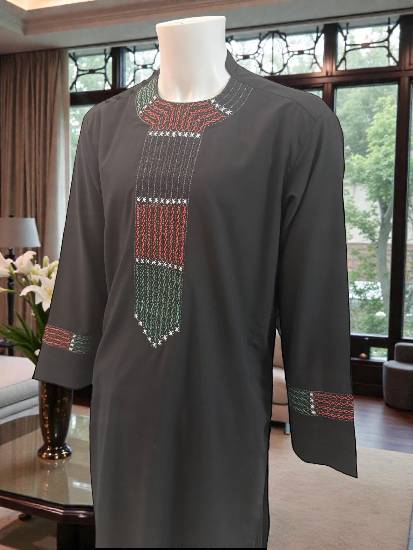 Men’s Black Parahan Tumban with Red, Green & Black Khamak Embellishment – Traditional Afghan Outfit – Small Size