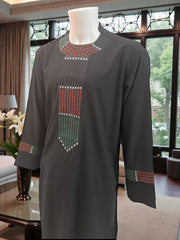 Men’s Black Parahan Tumban with Red, Green & Black Khamak Embellishment – Traditional Afghan Outfit – Small Size