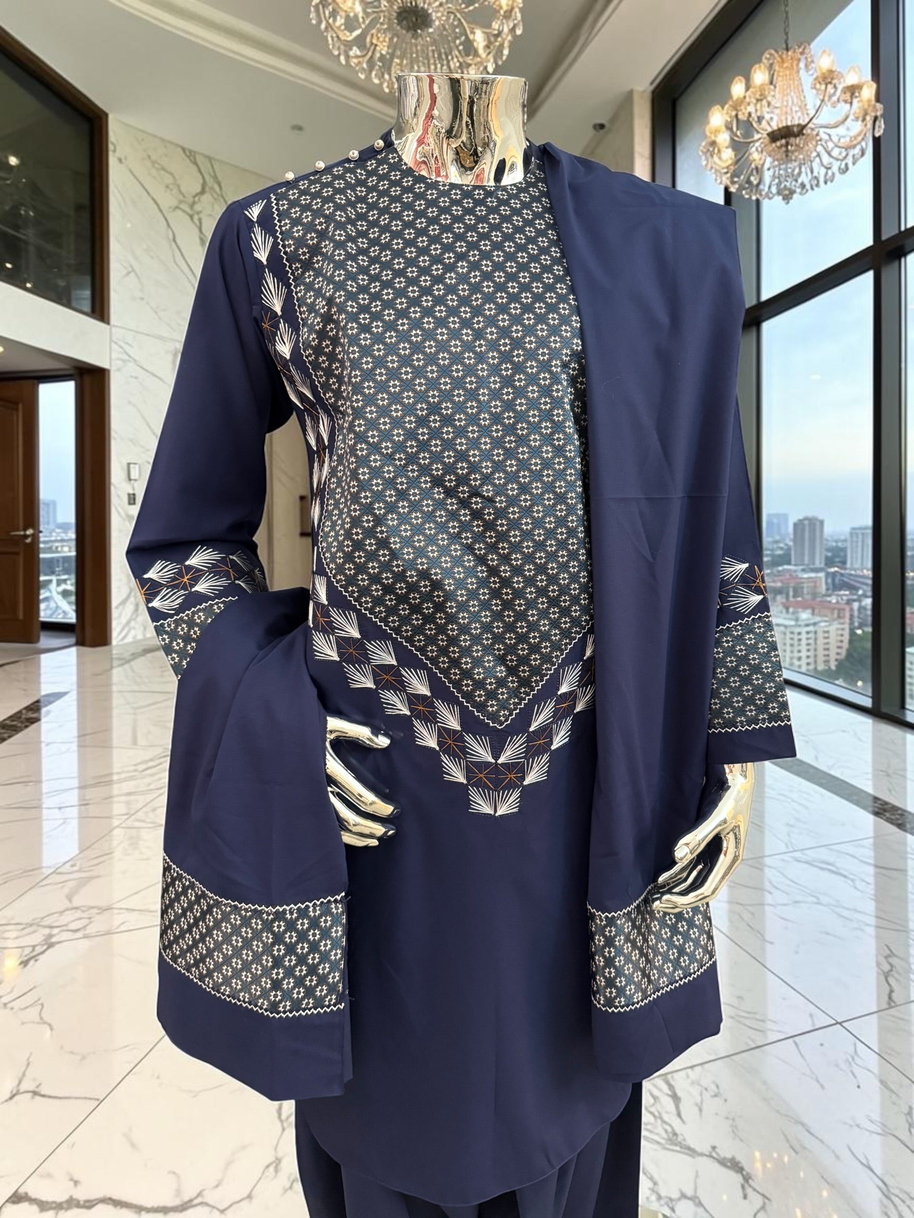 Medium Midnight Navy Hand Embroidered Afghan Parahan Tunban Set with Matching Chadder